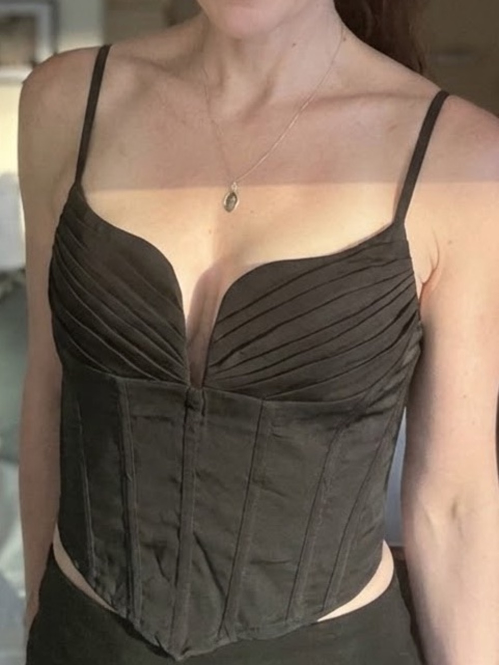 NWT PrettyLittleThing Black Strappy Pleated Bust Corset Detail Crop Top - US 12